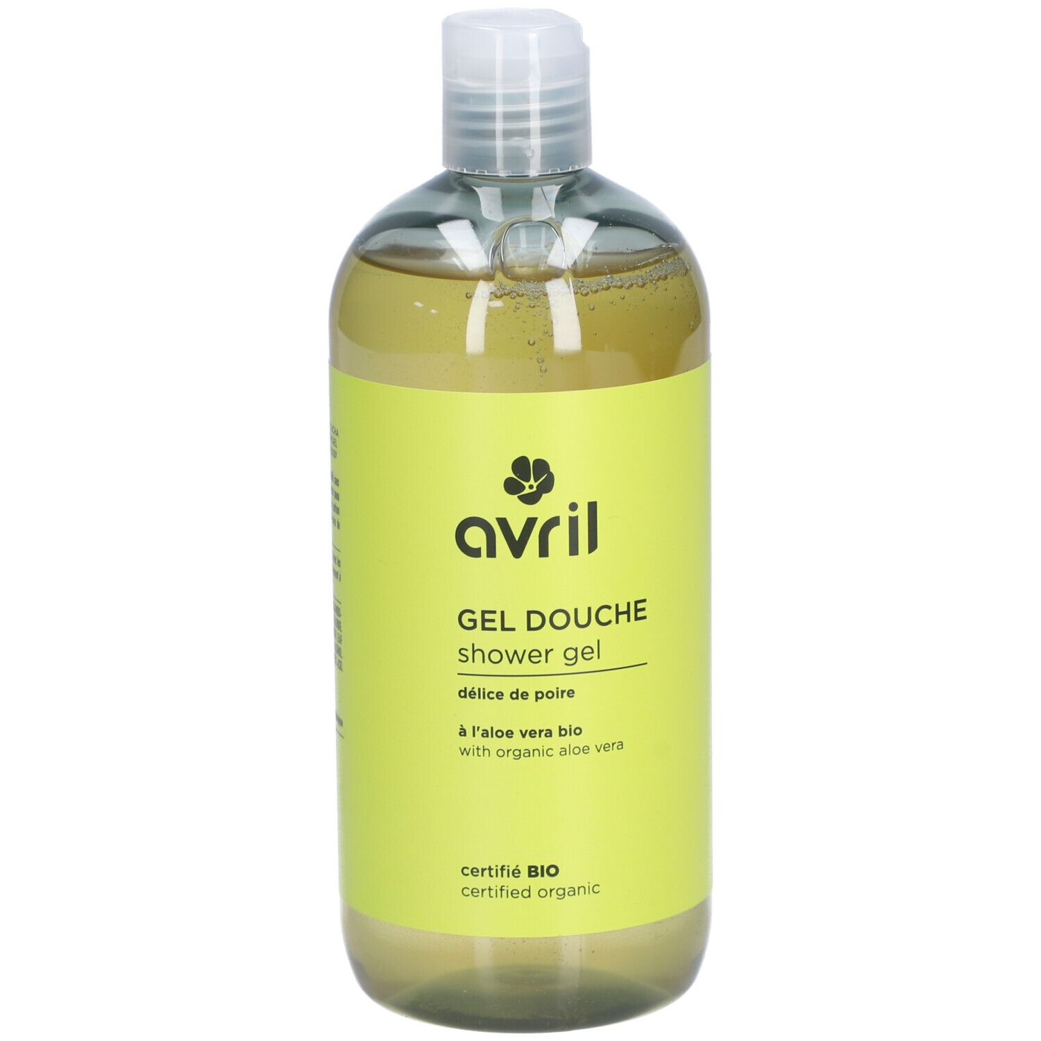 Flacon transparent de gel douche jaune. Inscriptions: avril, Gel Douche, Délice de Poire, certifié bio.