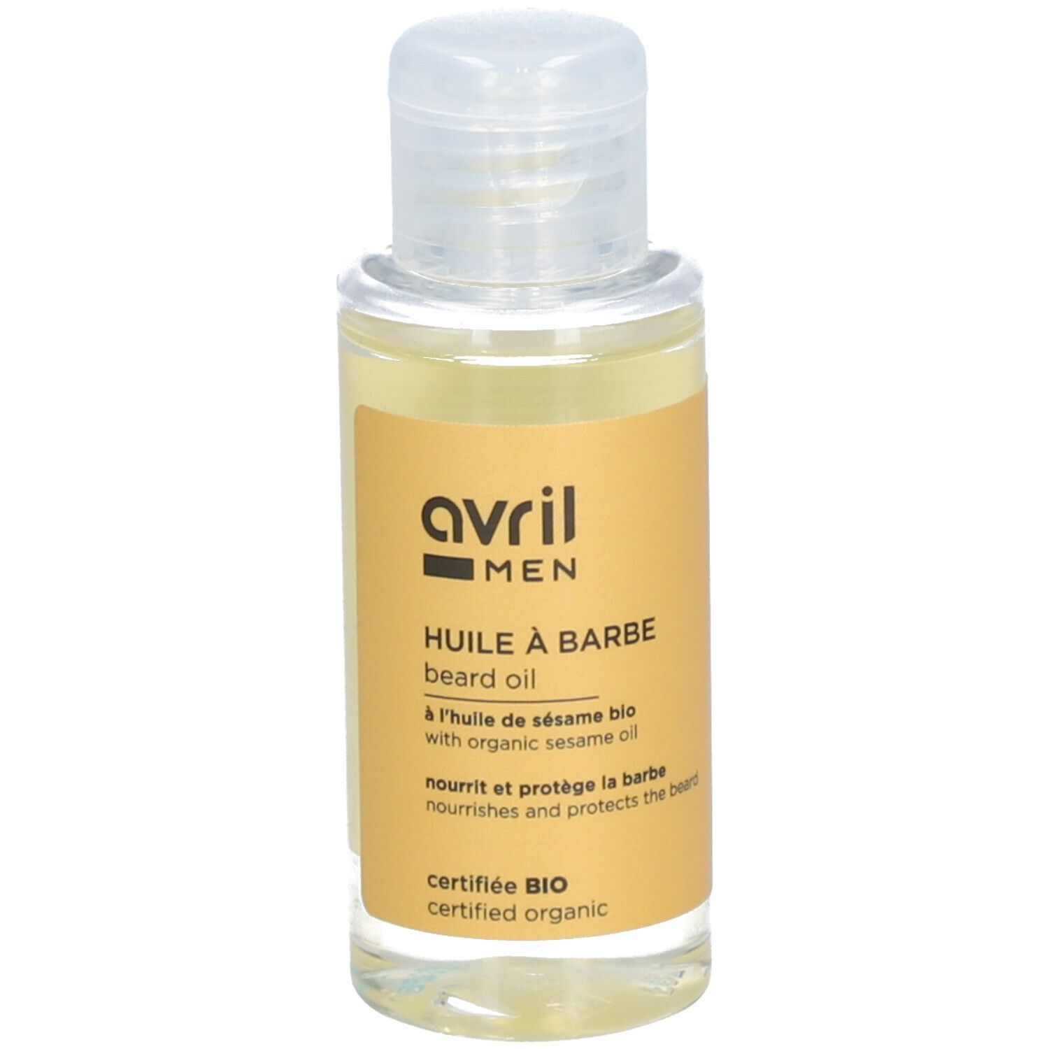 Klarflüssiges Öl in einer kleinen Flasche mit Klappverschluss. Aufkleber mit Text: avril MEN, Huile à barbe, certifiée BIO.