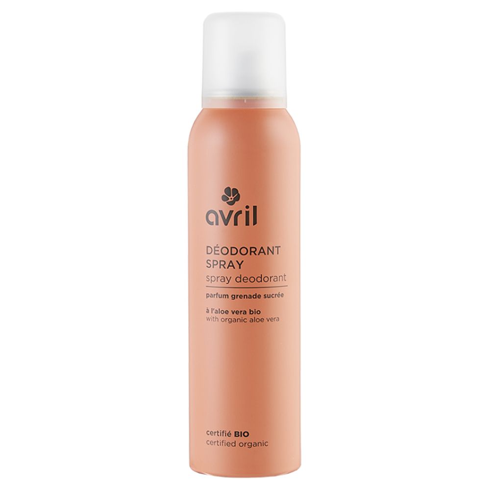 Rosa Deodorant-Spray-Dose mit weißem Deckel. Aufschrift: Avril, Bio-Zertifizierung.