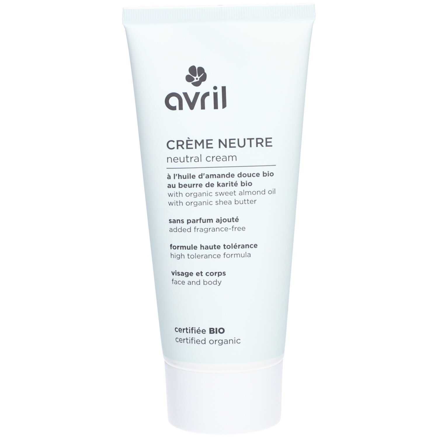 Tube APRIL Crème Neutre. Blanc et turquoise, logo et texte. Certifié bio.
