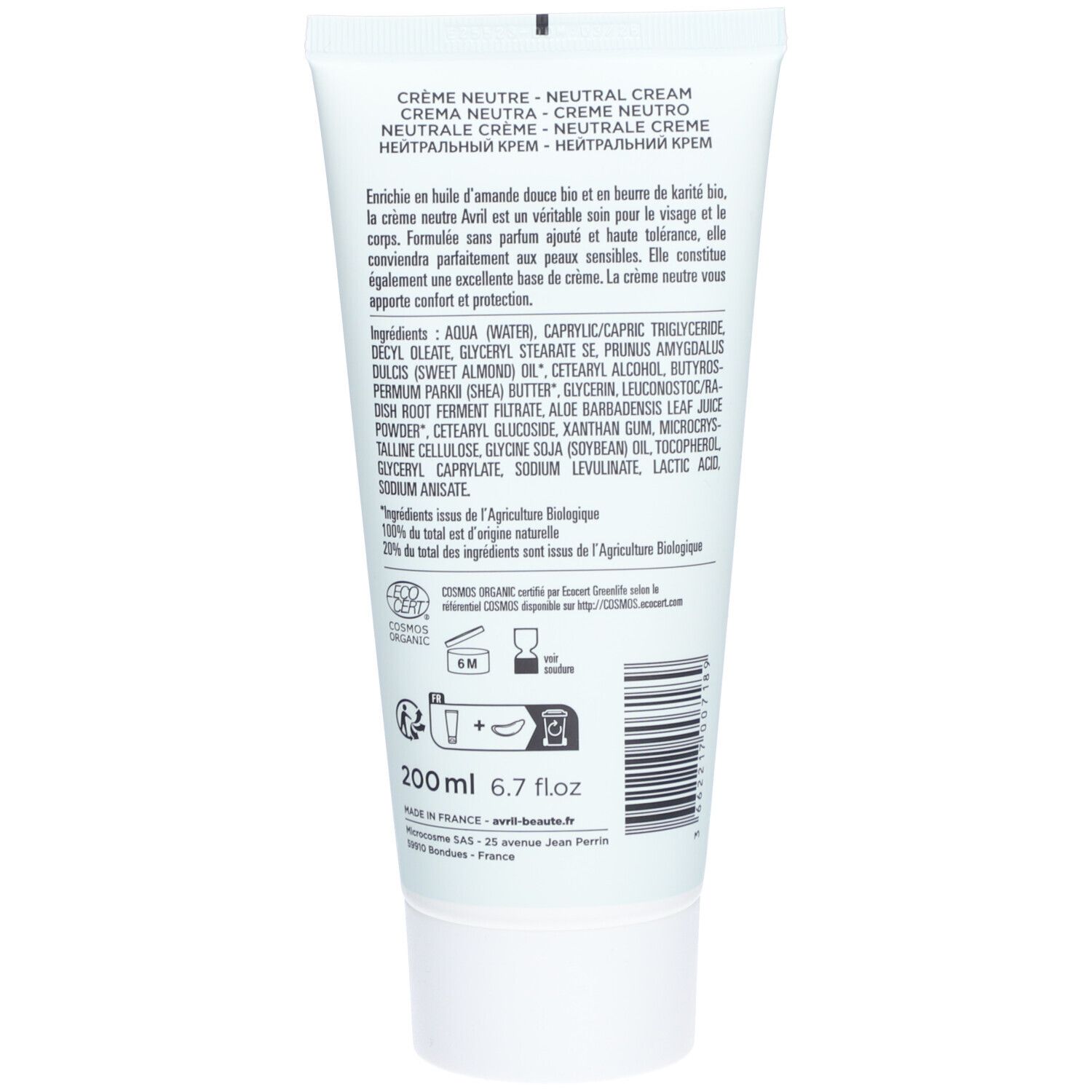 Dos du tube APRIL Crème Neutre. Texte, ingrédients, certifications, code-barres.