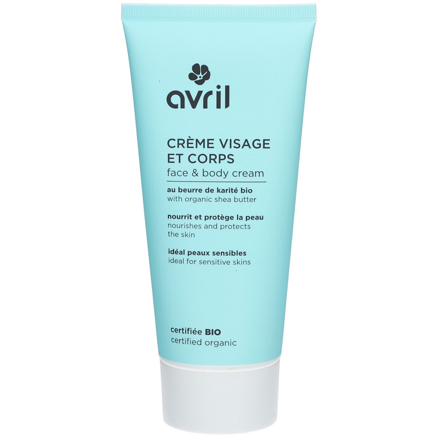 Tube bleu clair "Avril" avec texte "Crème Visage & Corps". Certifié BIO.