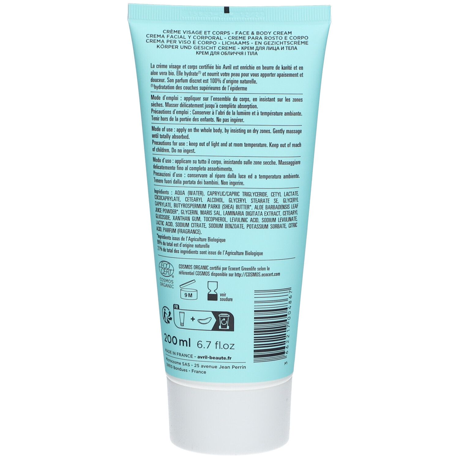 Dos du tube bleu clair. Texte multilingue, ingrédients, certification, 200 ml.