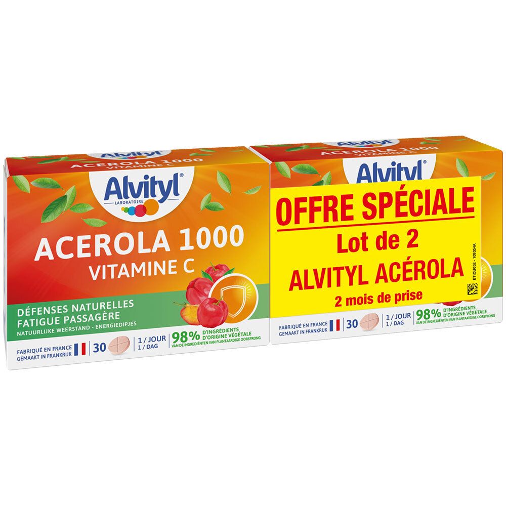 Deux boîtes Alvityl Acerola 1000 Vitamine C. Emballage orange avec nom du produit et illustrations. Autocollant jaune : Offre spéciale.