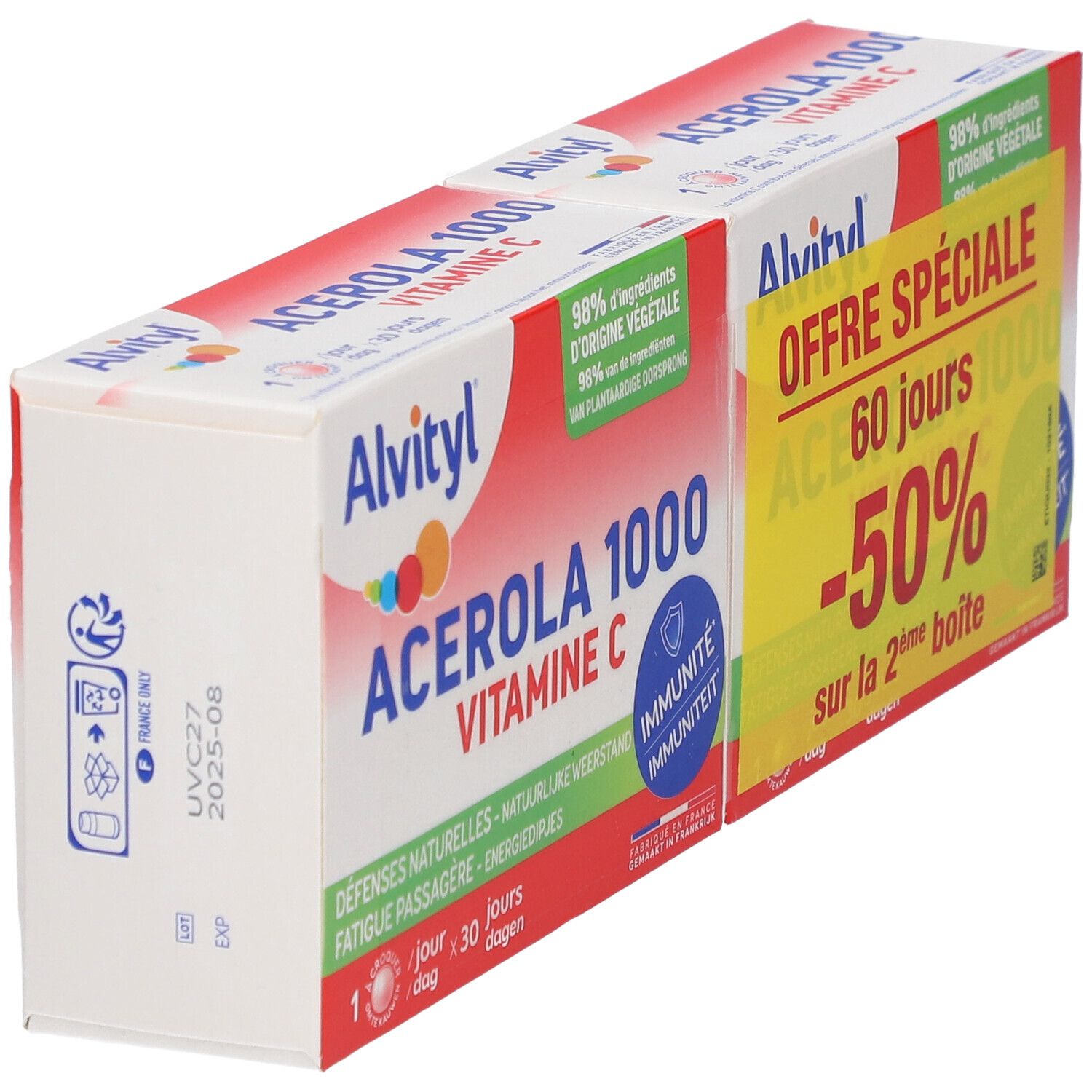 ALVITYL® Acérola 1000 Vitamin C-Packung. Aufdrucke: 98% pflanzlichen Ursprungs, Immunität. Sonderangebot -50% auf die 2. Packung. Ansicht von oben.