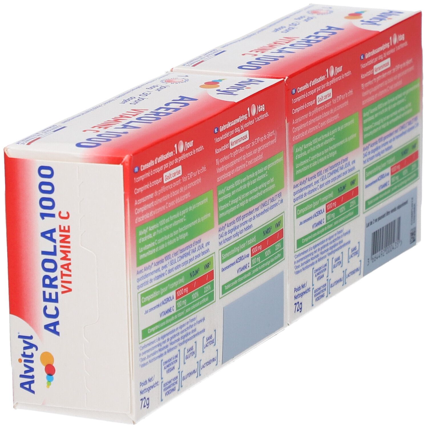 Rückseite einer ALVITYL® Acérola 1000 Vitamin C-Packung. Informationen zu Inhaltsstoffen und Anwendung. Ansicht schräg.