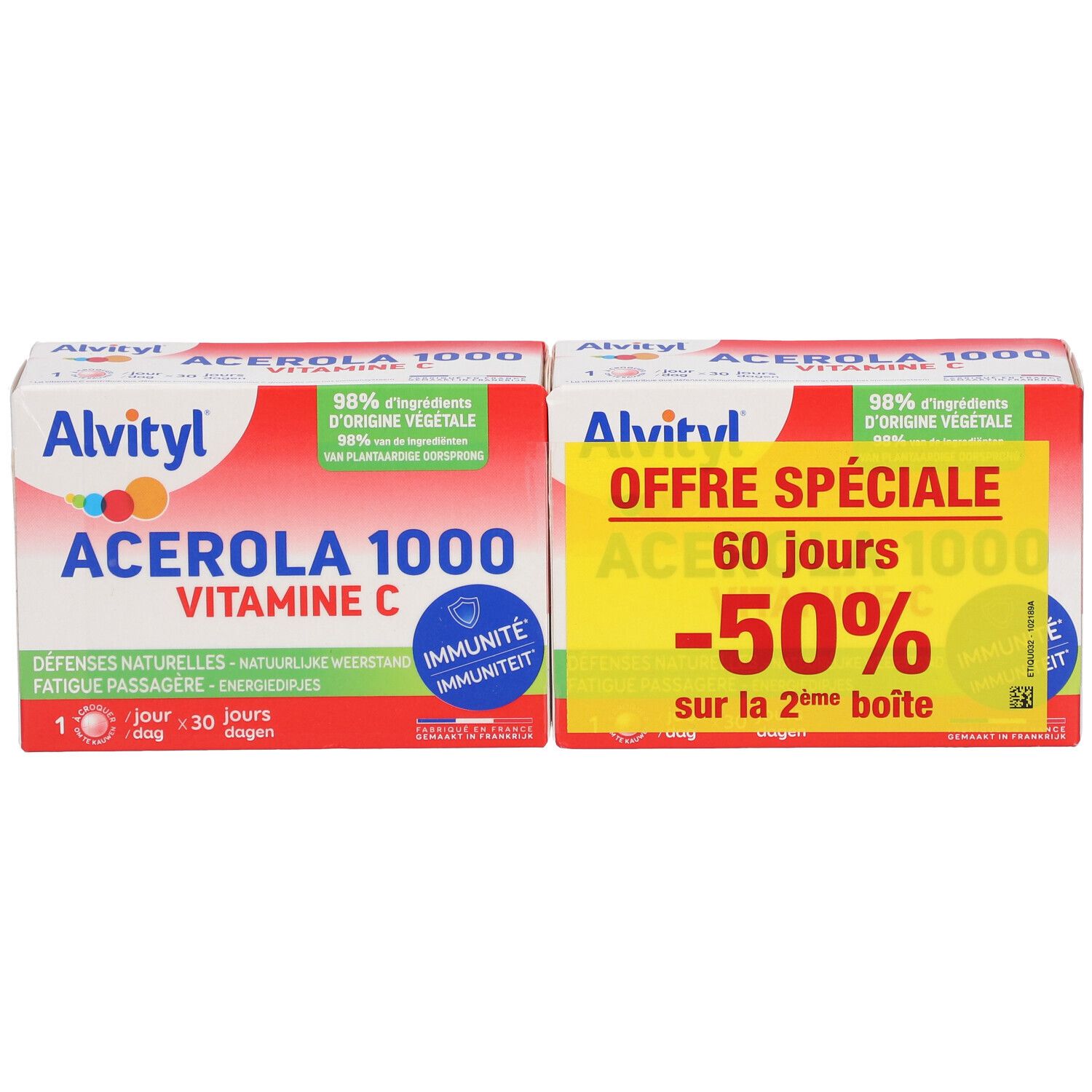 Zwei ALVITYL® Acérola 1000 Vitamin C-Packungen. Aufdrucke: 98% pflanzlichen Ursprungs, Immunität. 1 Tablette pro Tag. Französische Zertifizierung.