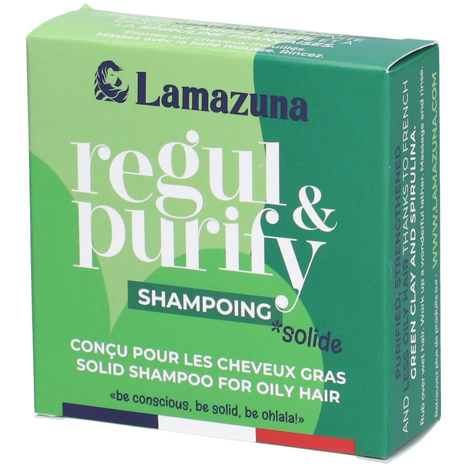 Boîte verte. Inscription: Lamazuna, regul & purify, Shampoing solide. Pour cheveux gras. Drapeau français.