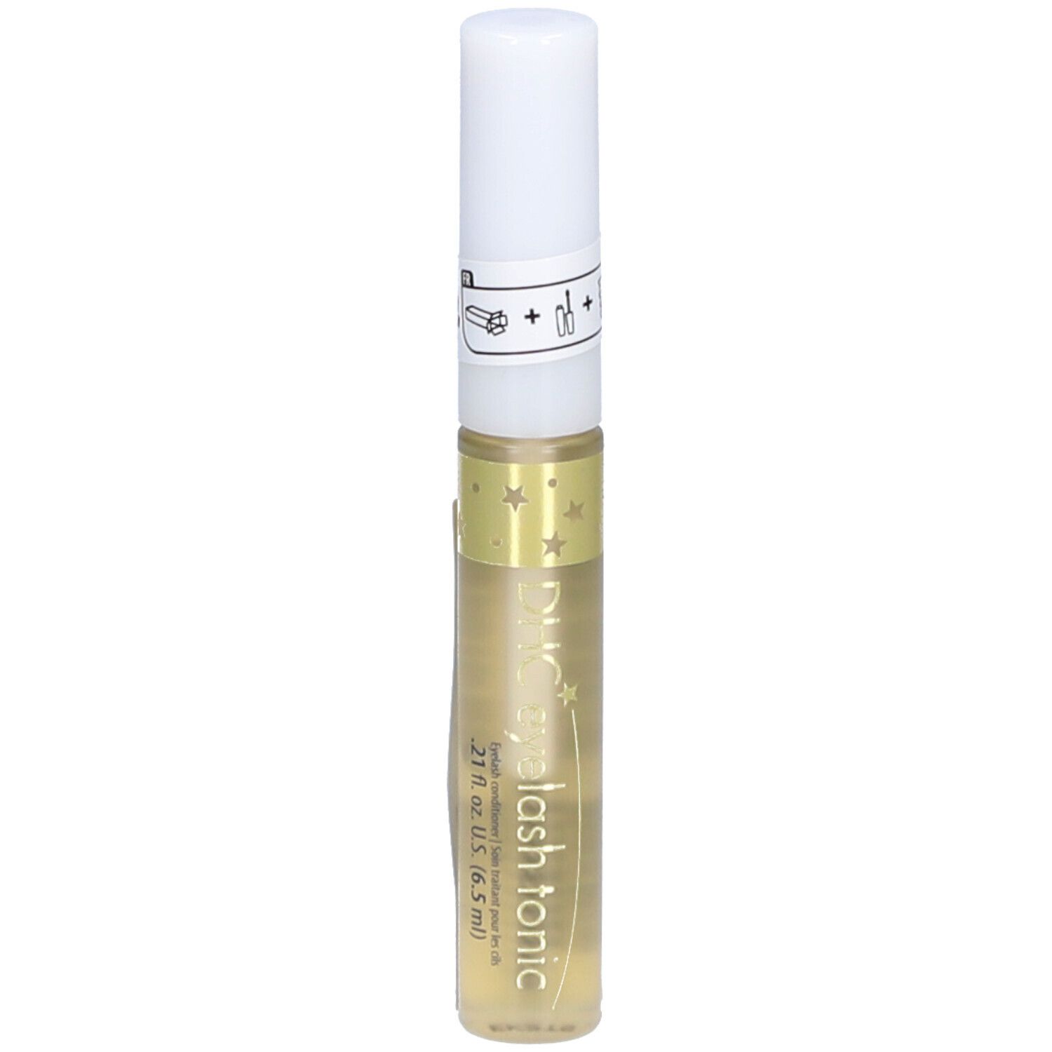 Flacon transparent avec bouchon blanc. Inscription : eyelash tonic. Contient un liquide. Décoré d'étoiles.