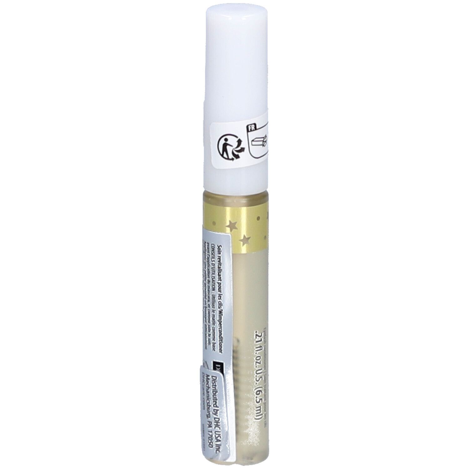 Flacon transparent avec bouchon blanc. Inscription : eyelash tonic. Contient un liquide. Décoré d'étoiles.