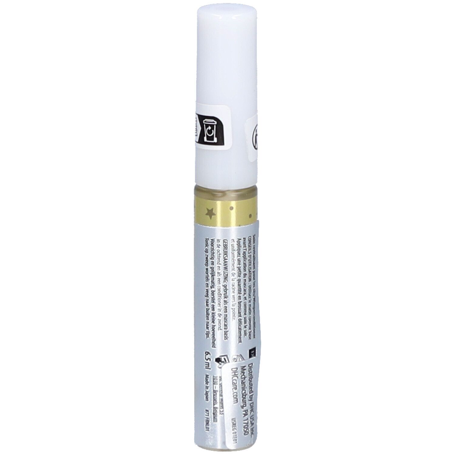 Flacon transparent avec bouchon blanc. Inscription : eyelash tonic. Contient un liquide. Décoré d'étoiles.