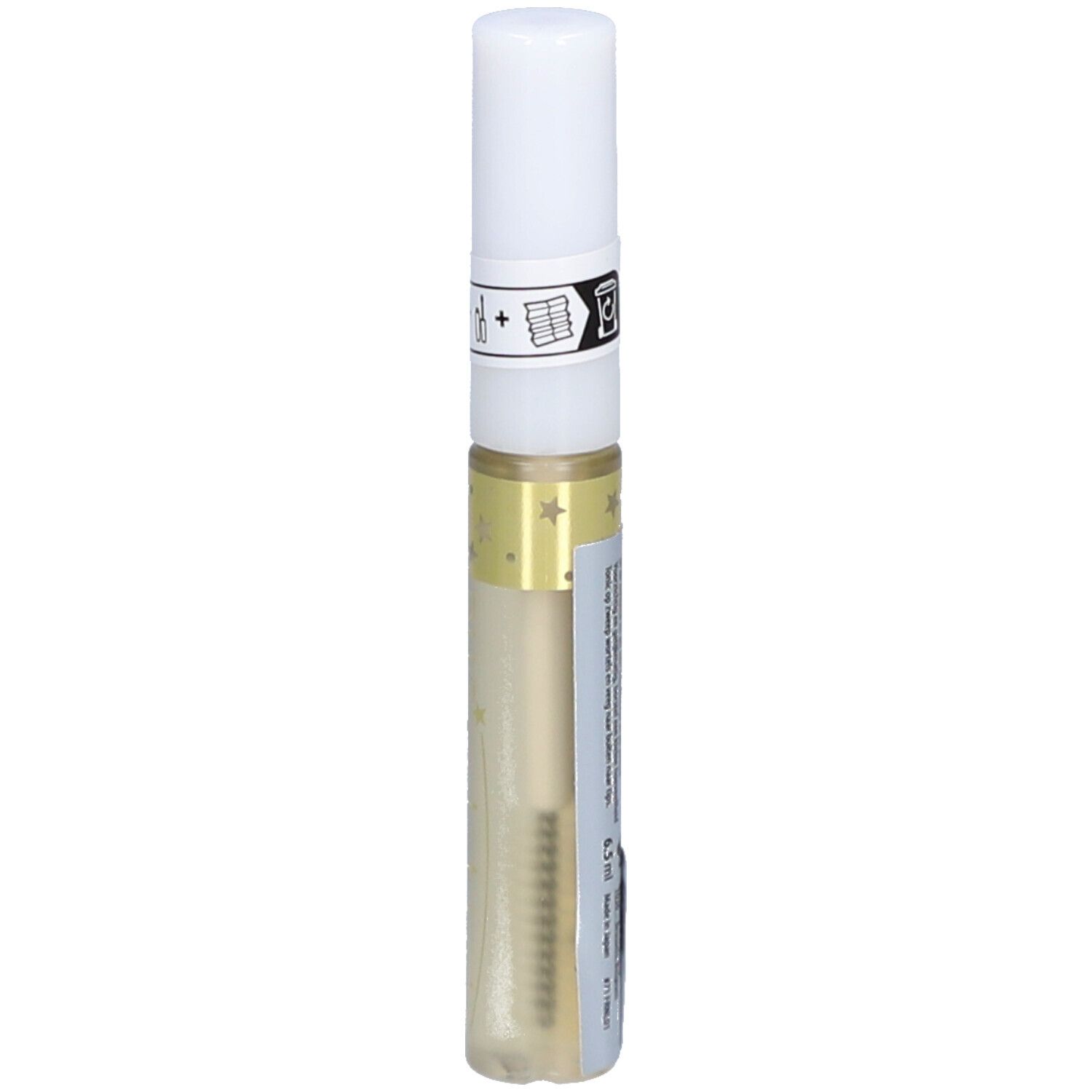 Flacon transparent avec bouchon blanc. Inscription : eyelash tonic. Contient un liquide. Décoré d'étoiles.