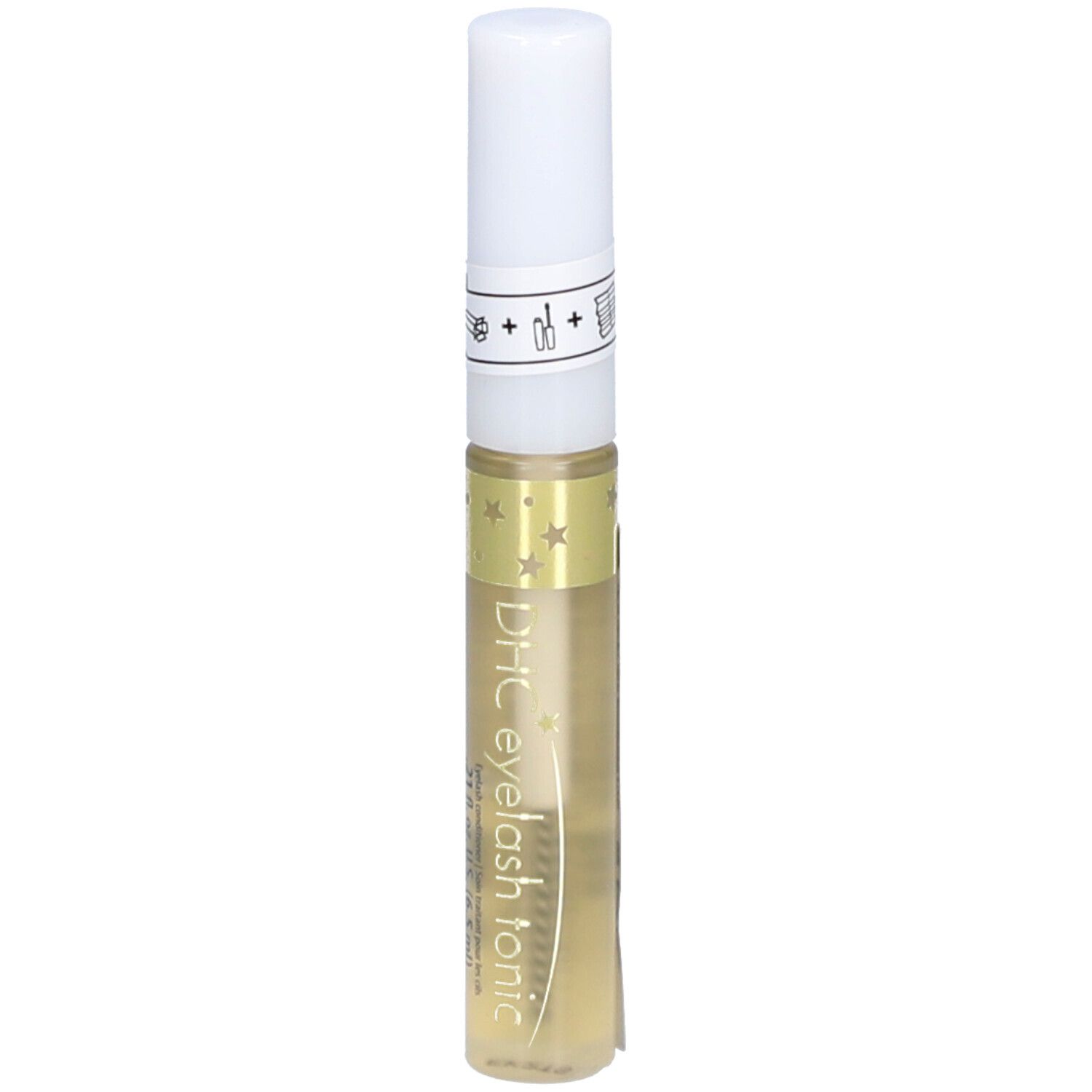 Flacon transparent avec bouchon blanc. Inscription : DHC eyelash tonic. Contient un liquide. Décoré d'étoiles.