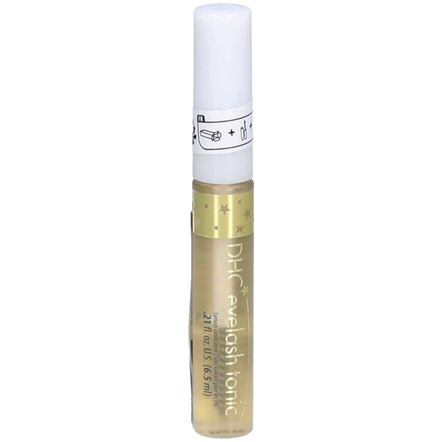 Flacon transparent avec bouchon blanc. Inscription : DHC eyelash tonic. Contient un liquide. Décoré d'étoiles.