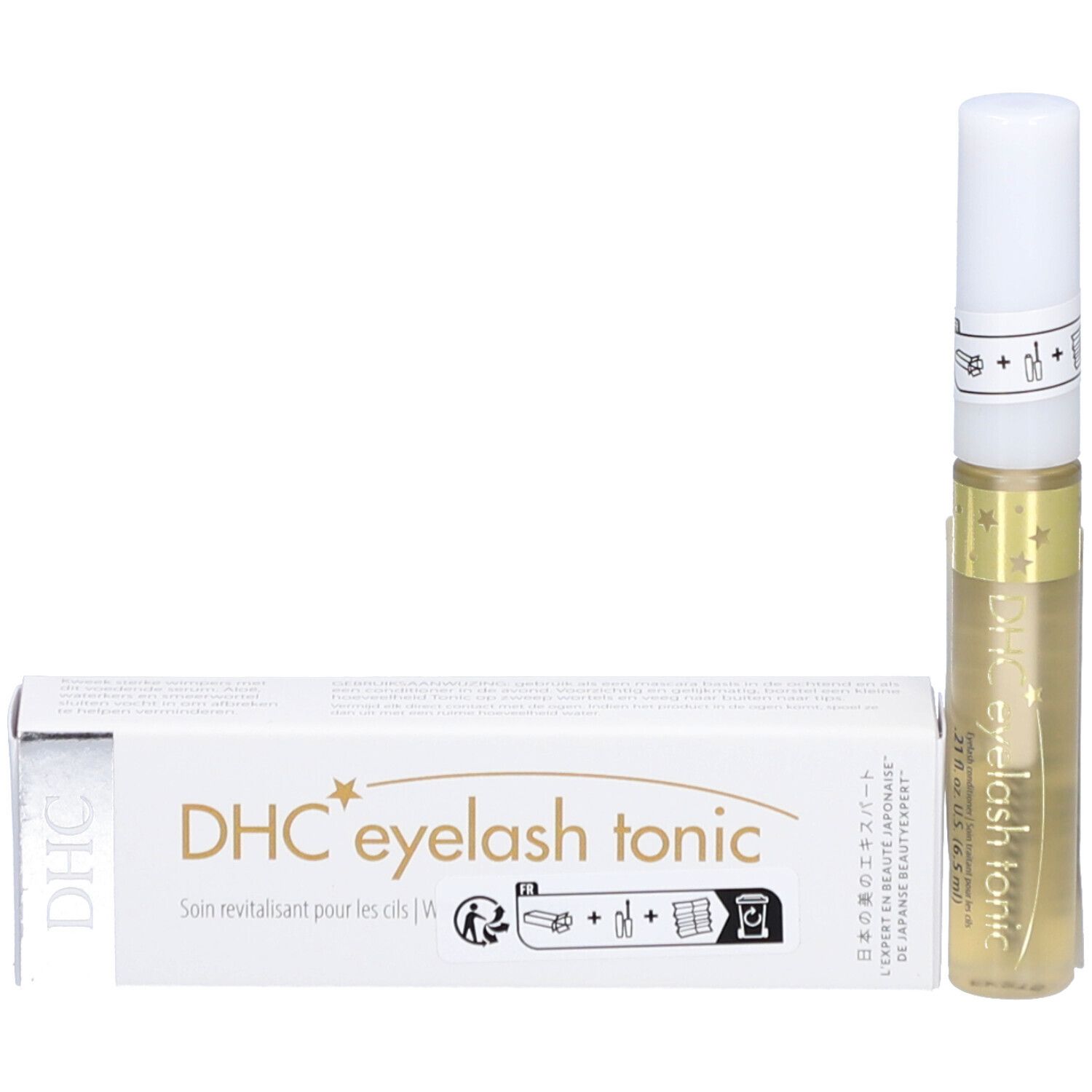 Produit et emballage. Inscription : DHC eyelash tonic. Contient un liquide. Décoré d'étoiles. Avec mode d'emploi.
