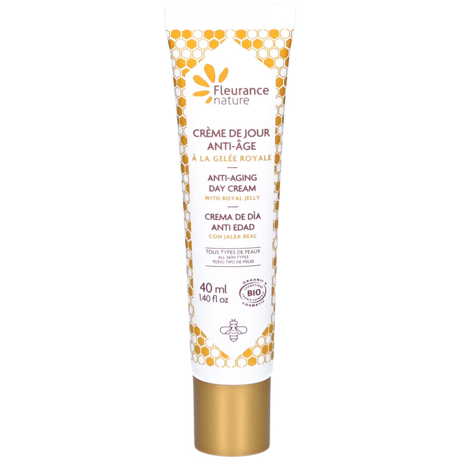 Creme-Tube mit goldener Kappe. Aufschrift: Crème de Jour Anti-Âge à la Gelée Royale. 40 ml.