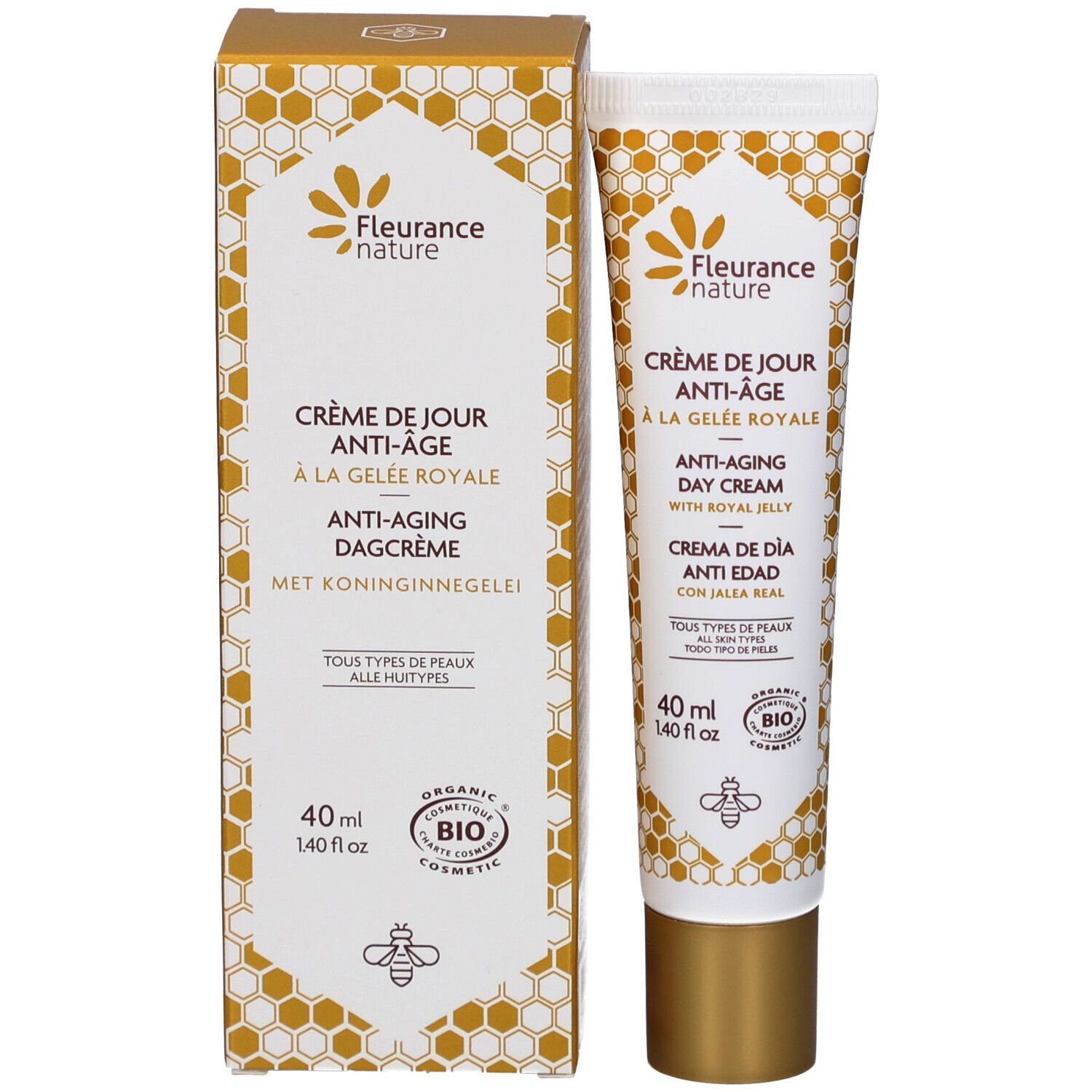 Produktverpackung mit Creme-Tube. Aufschrift: Crème de Jour Anti-Âge à la Gelée Royale. 40 ml. Bio-Siegel.