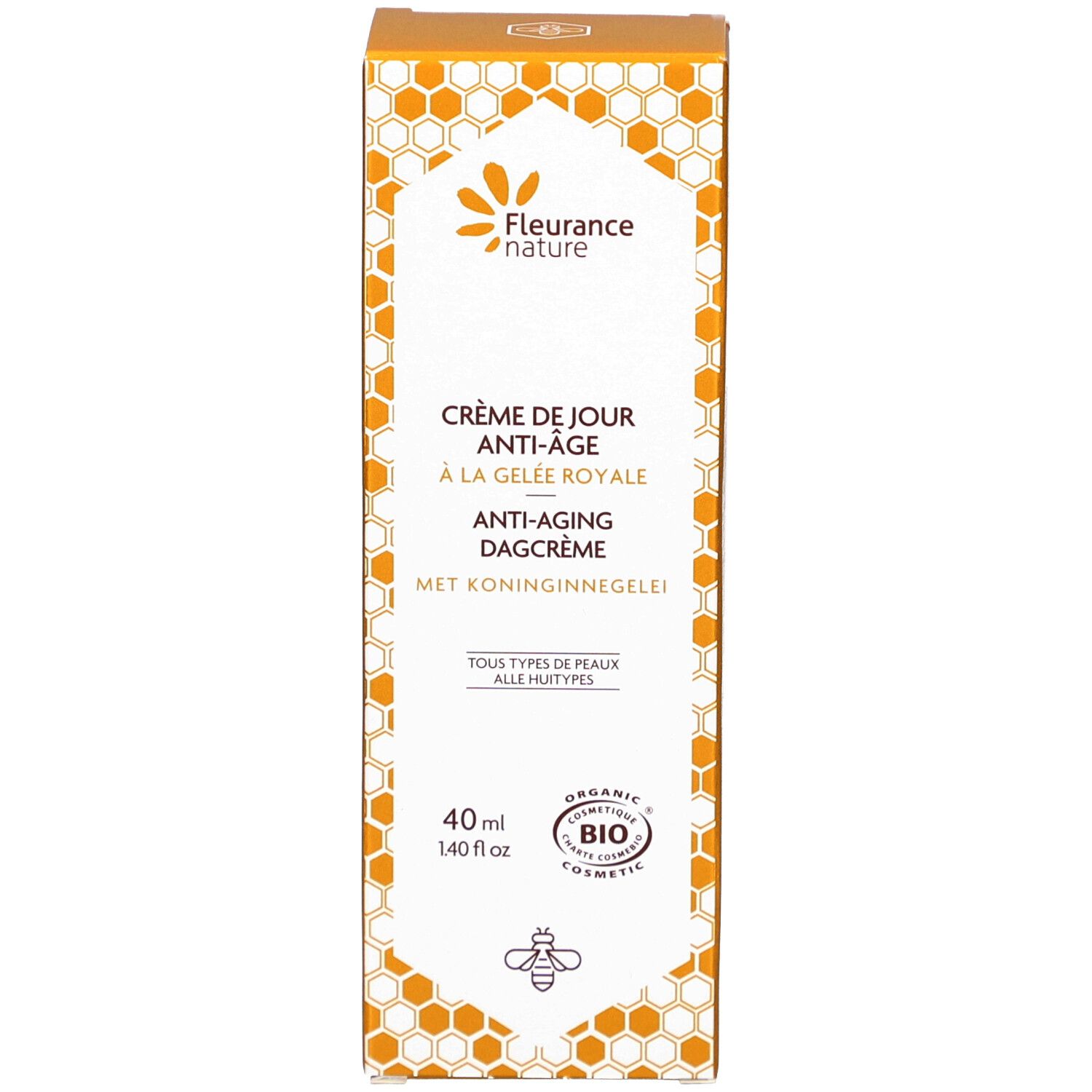 Produktverpackung. Aufschrift: Crème de Jour Anti-Âge à la Gelée Royale. 40 ml. Bio-Siegel.