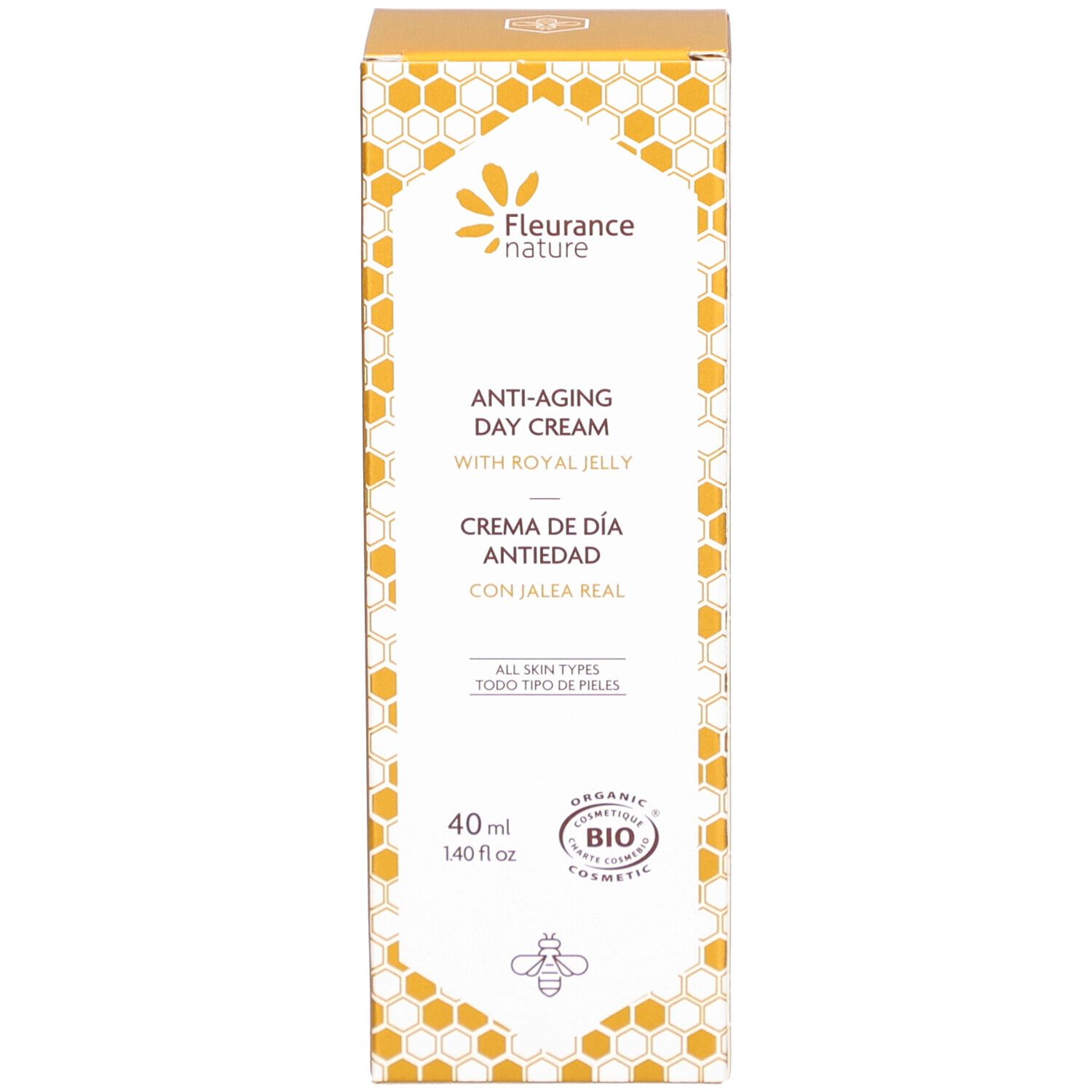 Produktverpackung. Aufschrift: Anti-Aging Day Cream with Royal Jelly. 40 ml. Bio-Siegel.