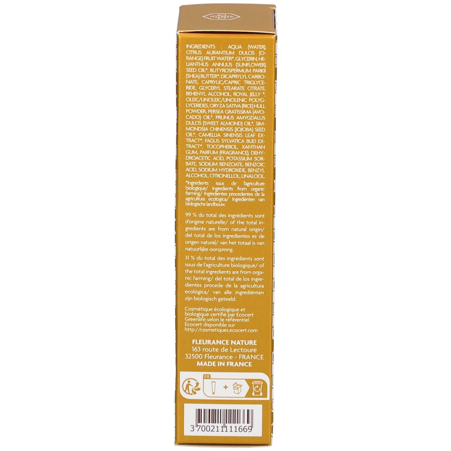 Produktverpackung, Seite. Text: Inhaltsstoffe, Herstelleradresse, Recycling-Hinweise.