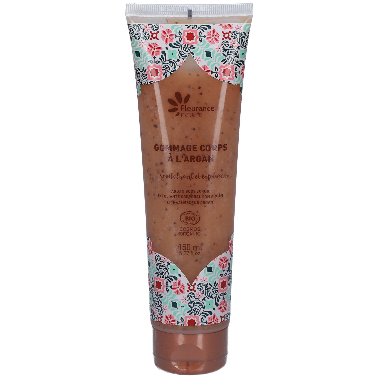 Tube mit Gommage Corps à l'Argan. Floralmuster, braune Masse sichtbar. Bio-Zertifizierung.