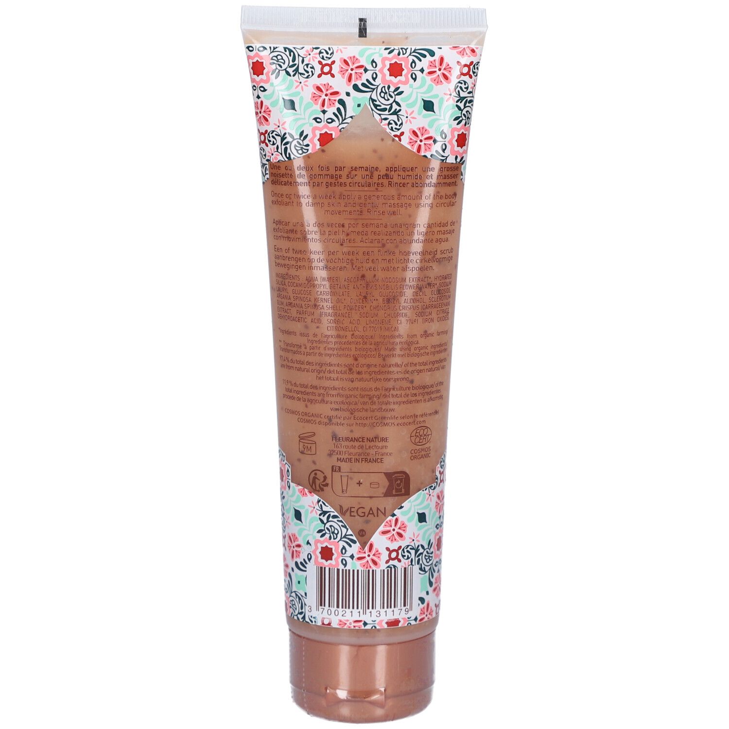 Rückseite des Gommage Corps à l'Argan-Tubes. Text, Barcode, Vegan-Logo.