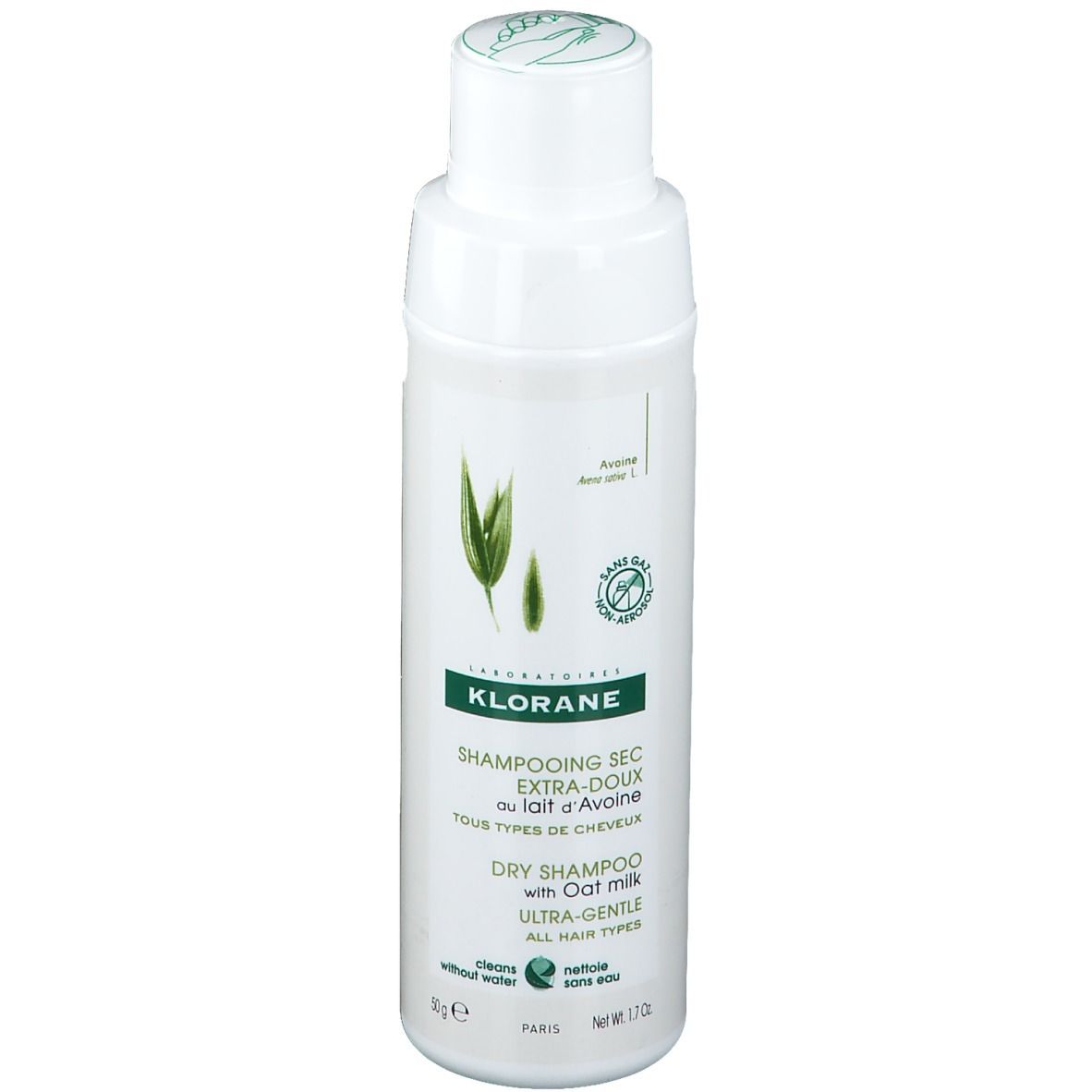 KLORANE Trockenshampoo mit Hafermilch. Weiße Flasche mit grünem Etikett. Text und Logo.