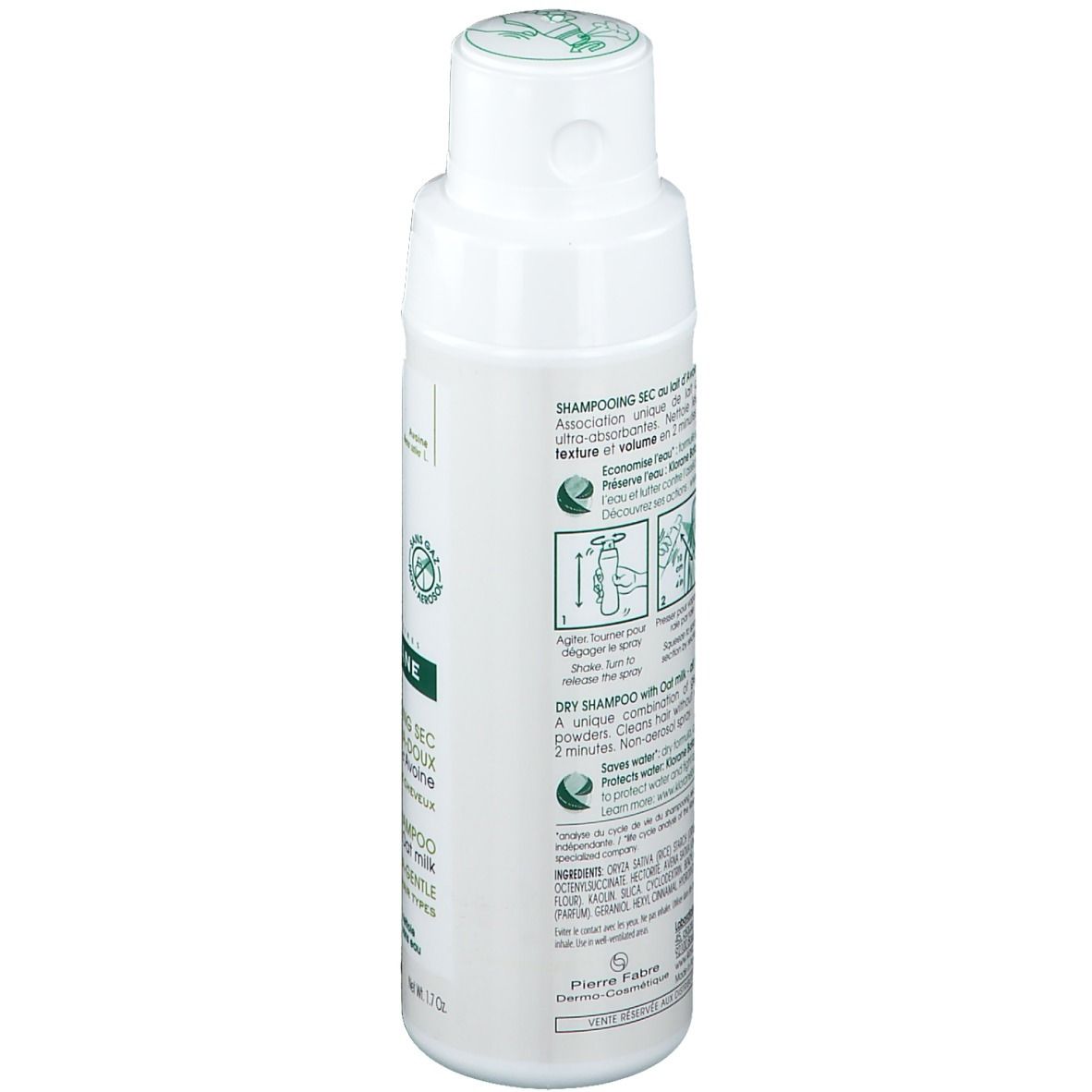 Rückseite der KLORANE Trockenshampoo-Flasche. Text in mehreren Sprachen. Illustrationen.