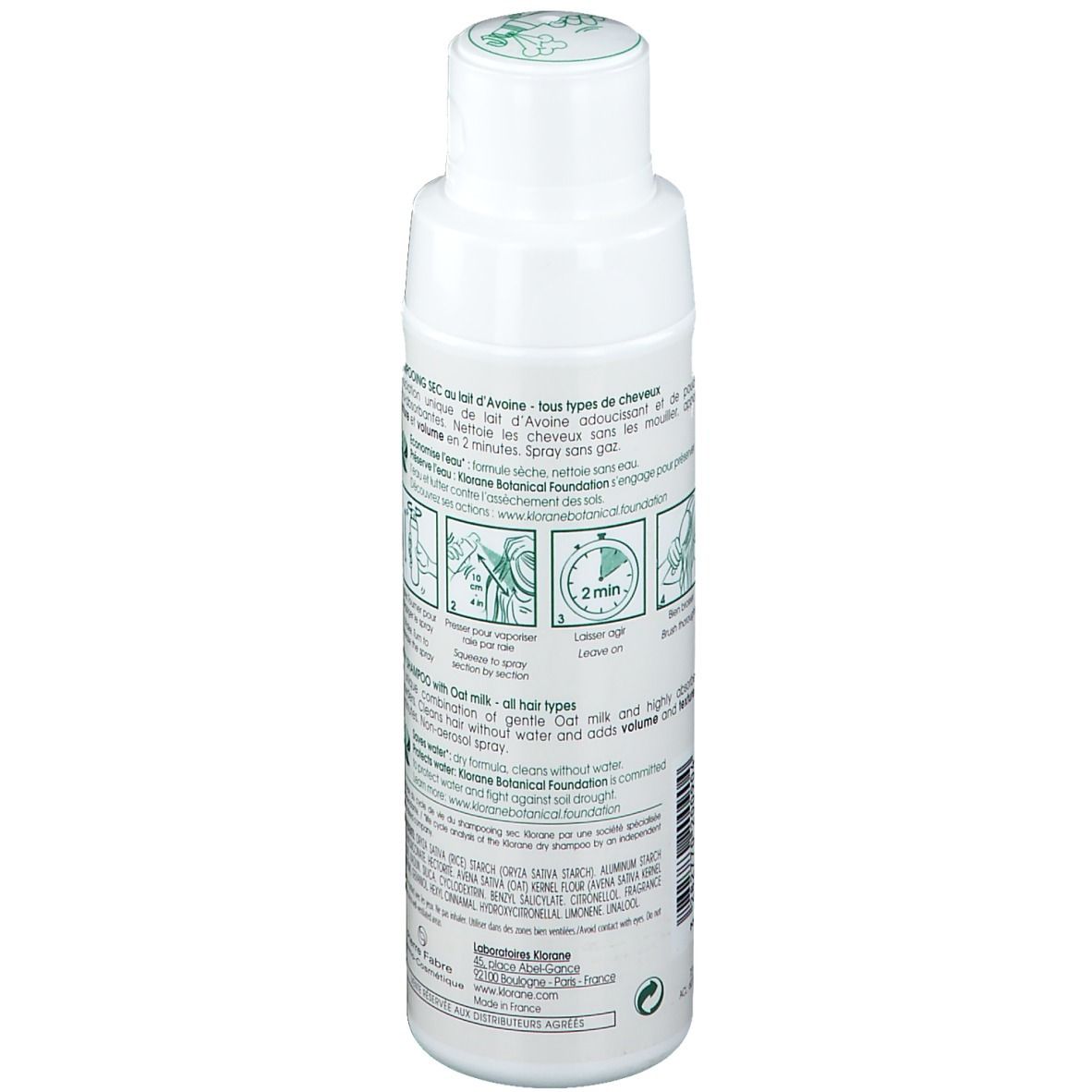 Rückseite der KLORANE Trockenshampoo-Flasche. Text in mehreren Sprachen. Illustrationen.