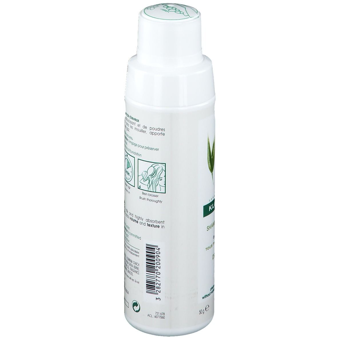 Rückseite der KLORANE Trockenshampoo-Flasche. Text in mehreren Sprachen. Illustrationen.