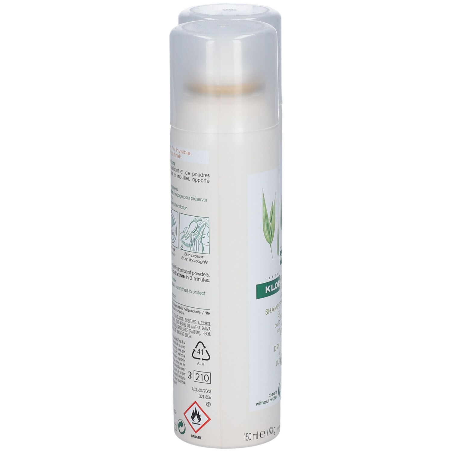 Un flacon de shampooing sec à l'avoine. Bouteille blanche avec vaporisateur et étiquette. Inscription : KLORANE, shampooing sec. Dos avec texte.