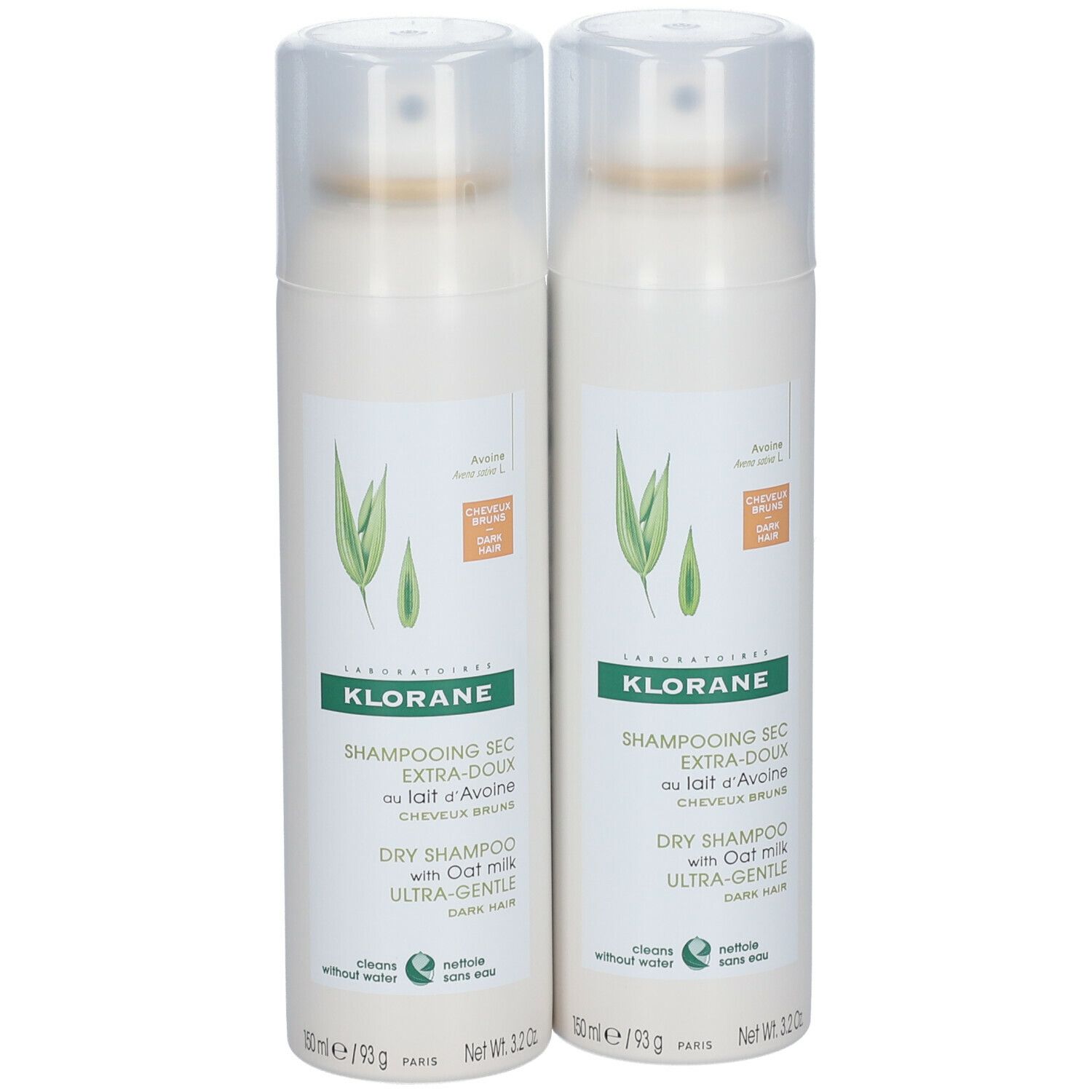 Deux flacons de shampooing sec à l'avoine. Bouteilles blanches avec vaporisateur et étiquette. Inscription : KLORANE, shampooing sec.
