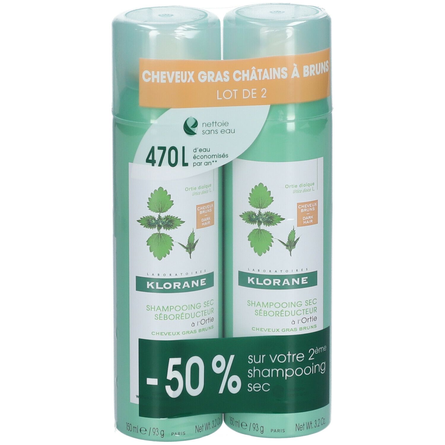 Deux flacons verts en emballage plastique. Inscription: KLORANE, shampooing sec à l'ortie, -50% sur le deuxième produit.