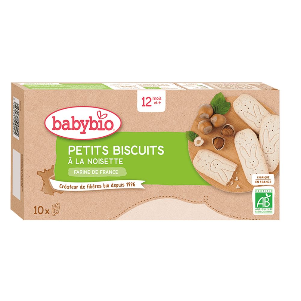 Packung Babybio Petit Biscuits à la Noisette. 10 Kekse, Hasenform, Haselnüsse abgebildet. Bio-Siegel.