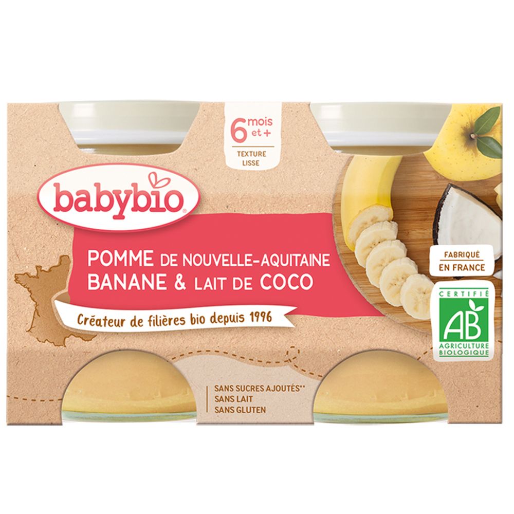 Emballage Babybio. Inscription: POMME DE NOUVELLE-AQUITAINE BANANE & LAIT DE COCO. Label bio.