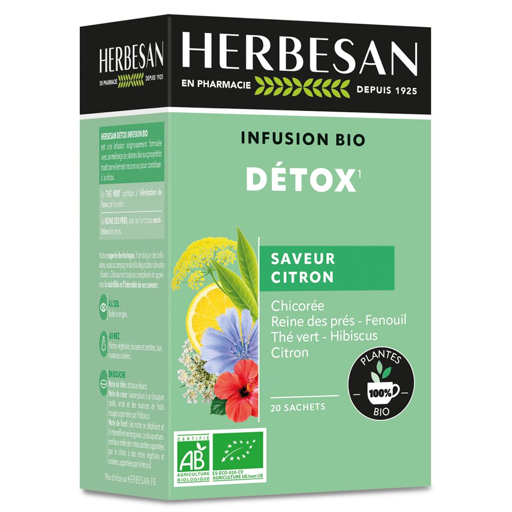 Boîte Herbesan Bio Detox. Vert, nom du produit, ingrédients et label bio. 20 sachets.
