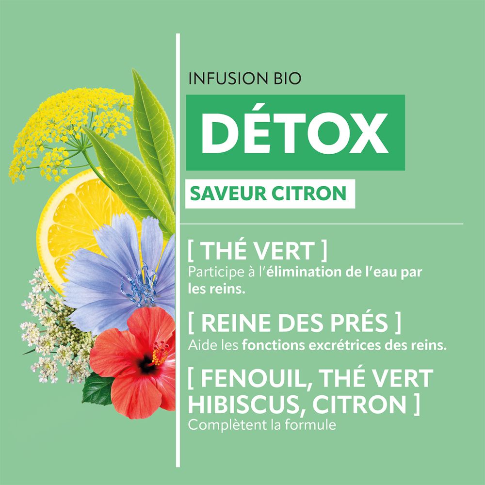 Infusion Bio Detox. Ingrédients : thé vert, reine des prés, fenouil, hibiscus, citron. Saveur citron.