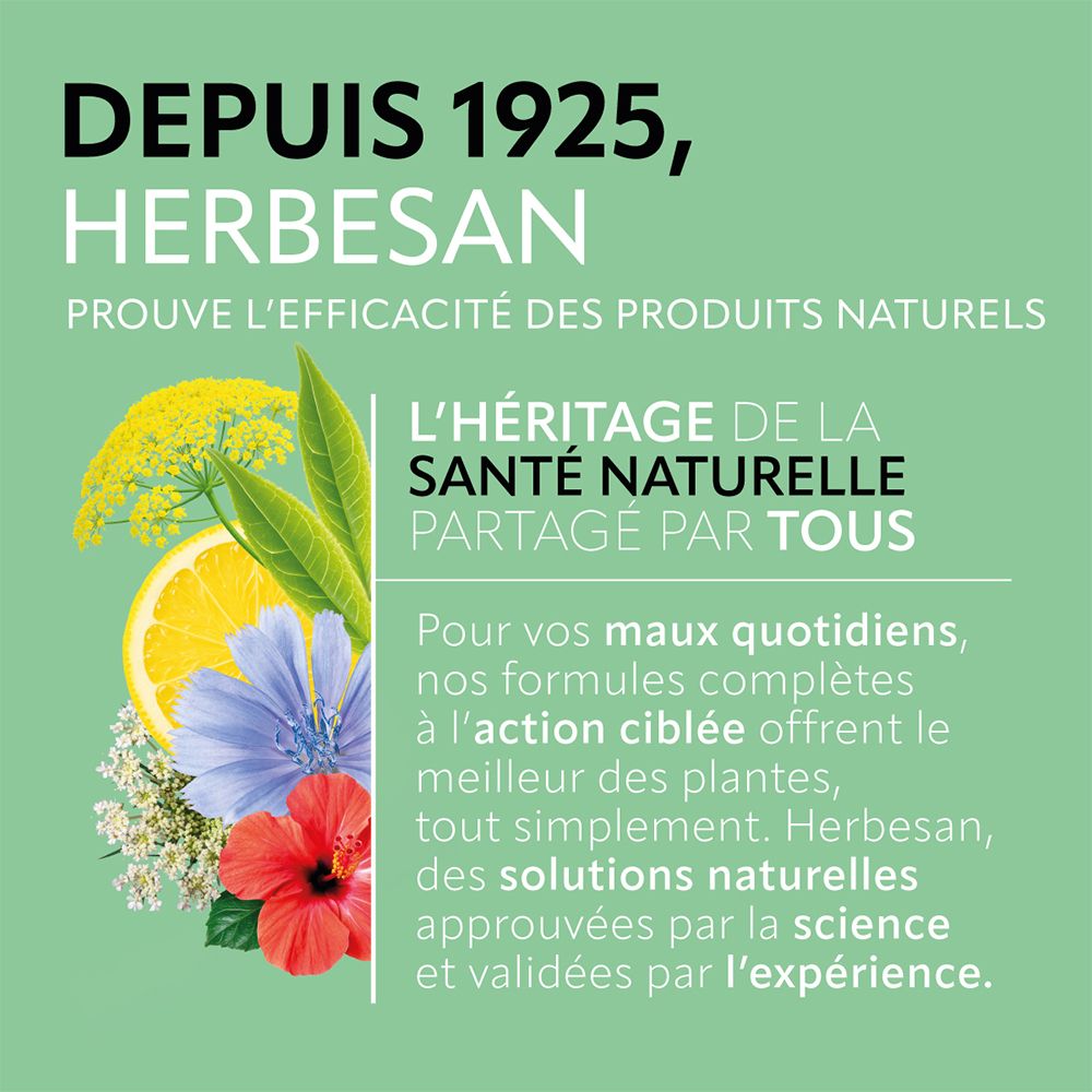 Texte : Depuis 1925, Herbesan. Santé naturelle. Solutions naturelles, validées scientifiquement.