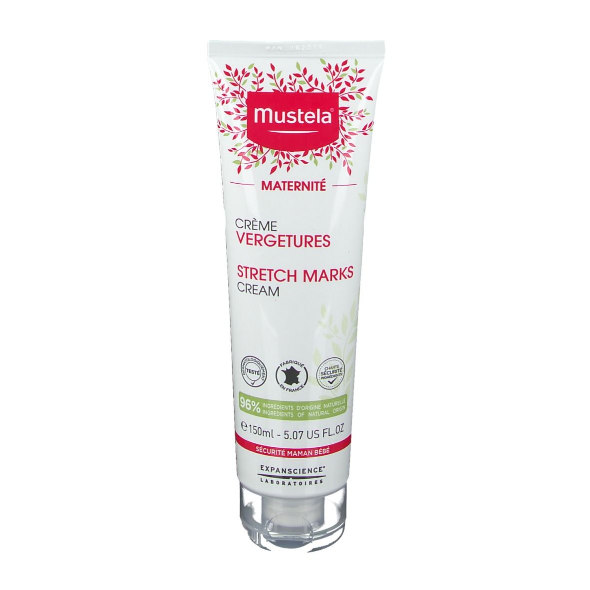 Tube de crème Mustela. Ingrédients d'origine naturelle à 96%. Crème vergetures.