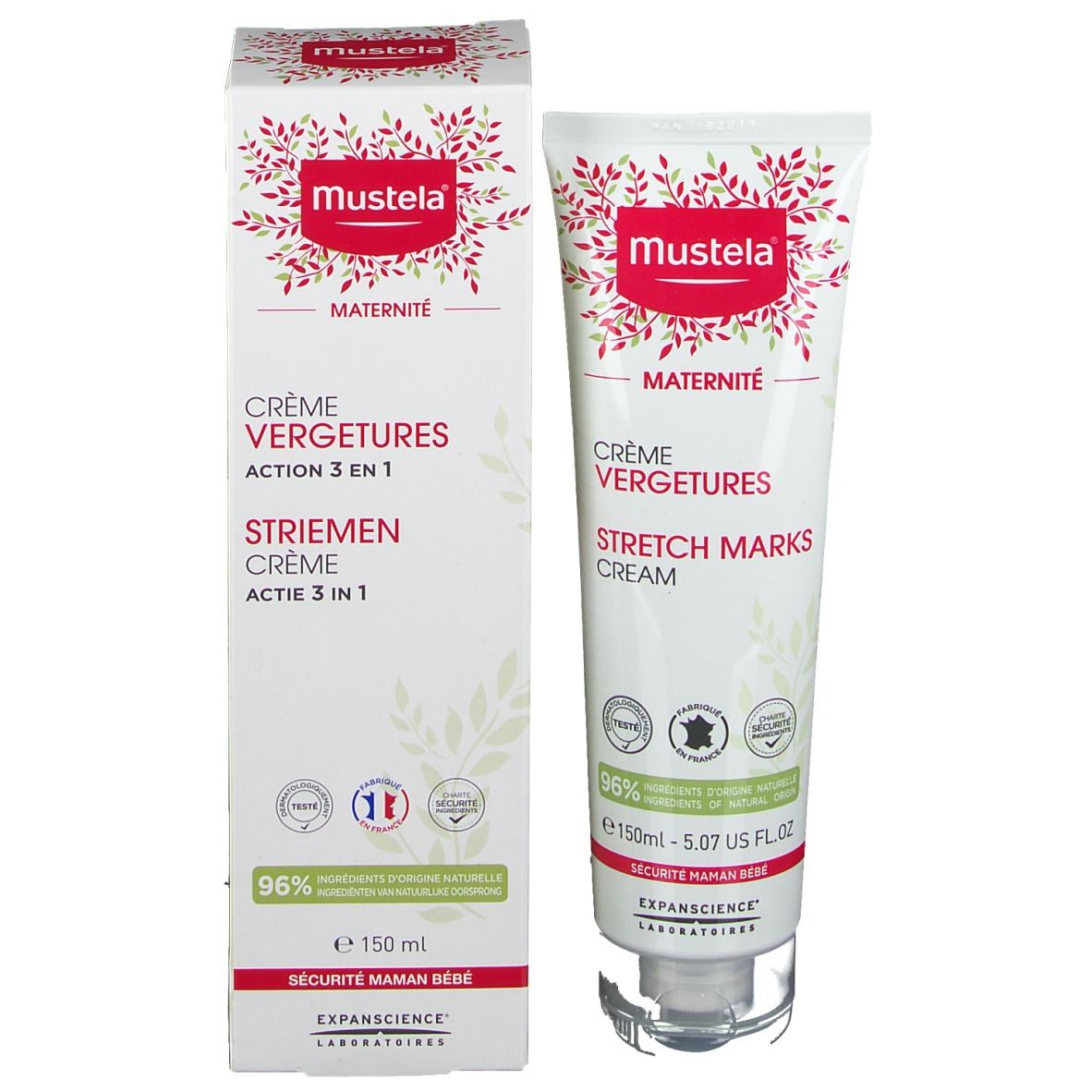 Tube et boîte Mustela. Crème vergetures. 96% ingrédients naturels.