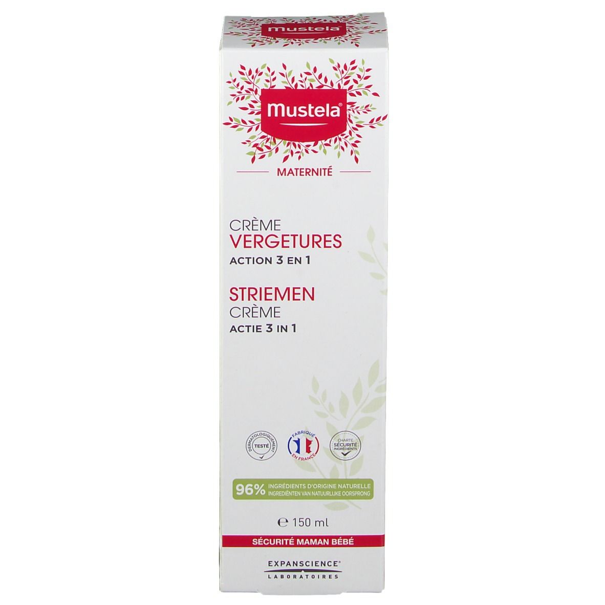 Boîte de crème Mustela. Crème vergetures. 96% ingrédients naturels.
