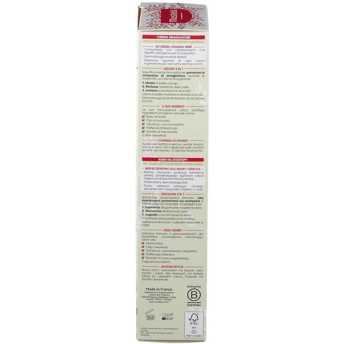 Dos de la boîte. Texte multilingue. Marque Mustela.