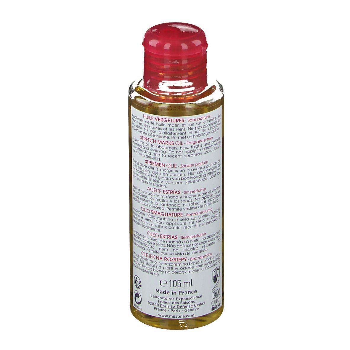 Mustela Maternité Ölflasche. Rückansicht. Etikett mit Text in mehreren Sprachen. Roter Deckel.