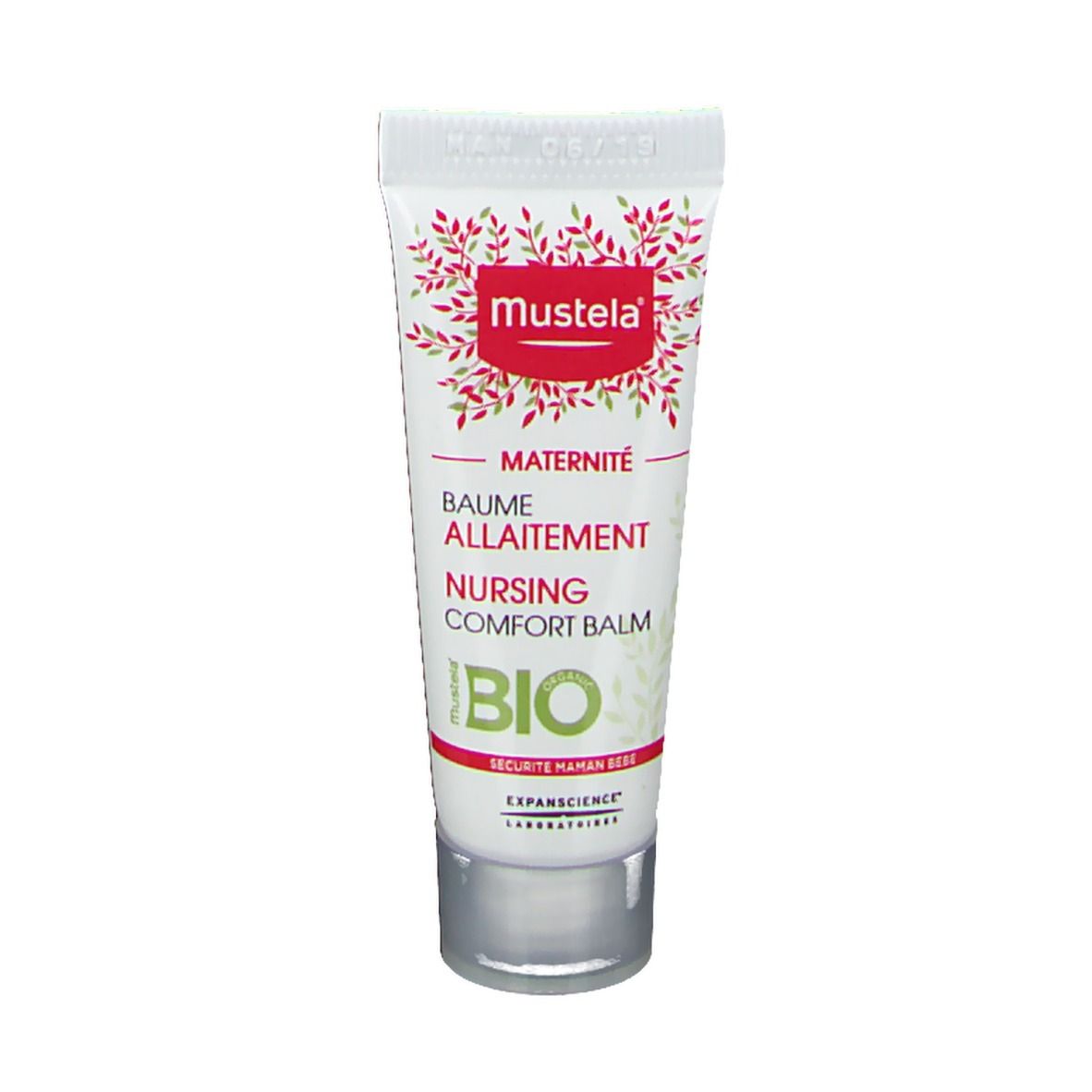 Tube de Mustela® Bio-Pflege-Balsam. Inscription: Maternité, Baume Allaitement, Nursing Comfort Balm, Bio.