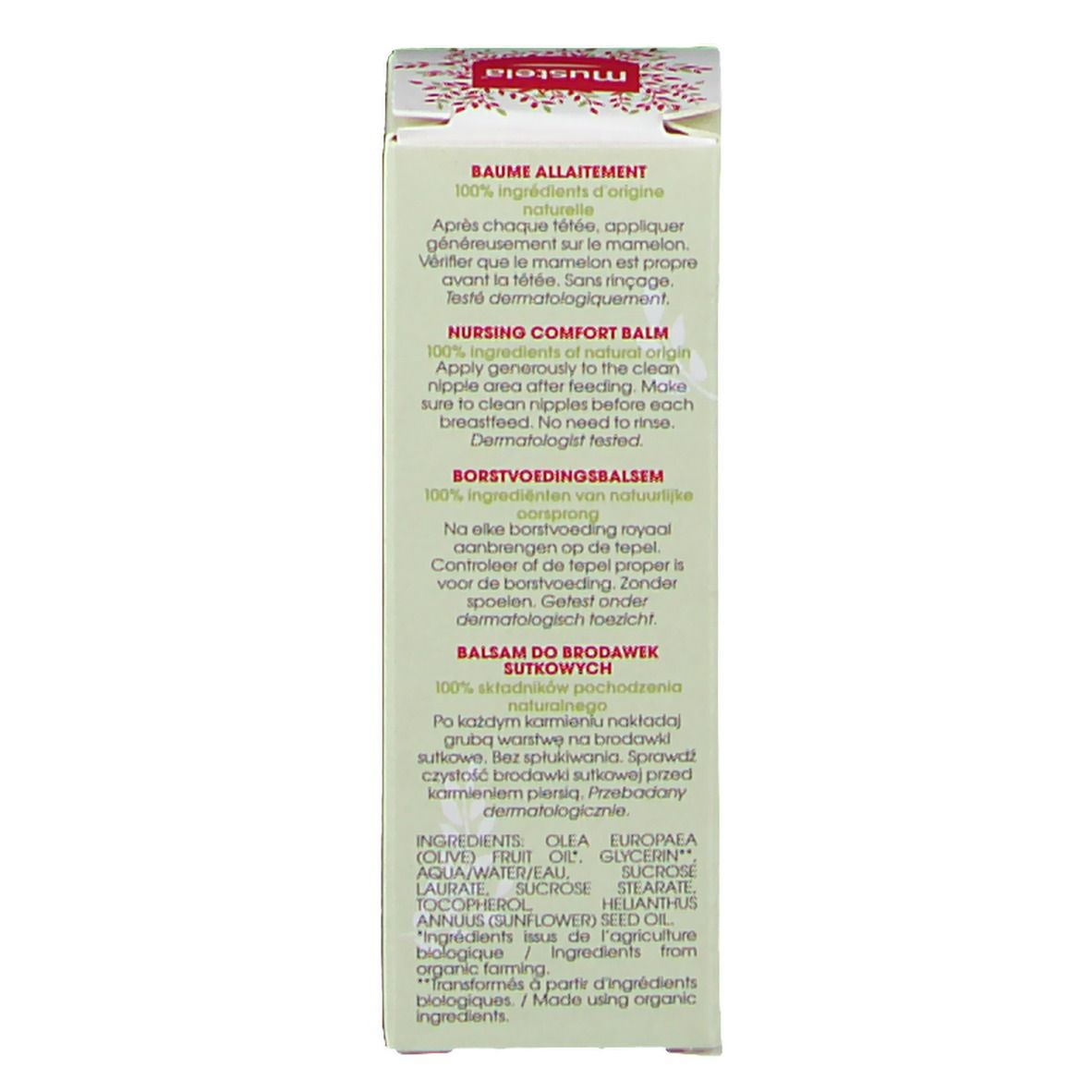 Côté de l'emballage Mustela® Bio-Pflege-Balsam. Texte multilingue. Inscription: Baume Allaitement, Nursing Comfort Balm.