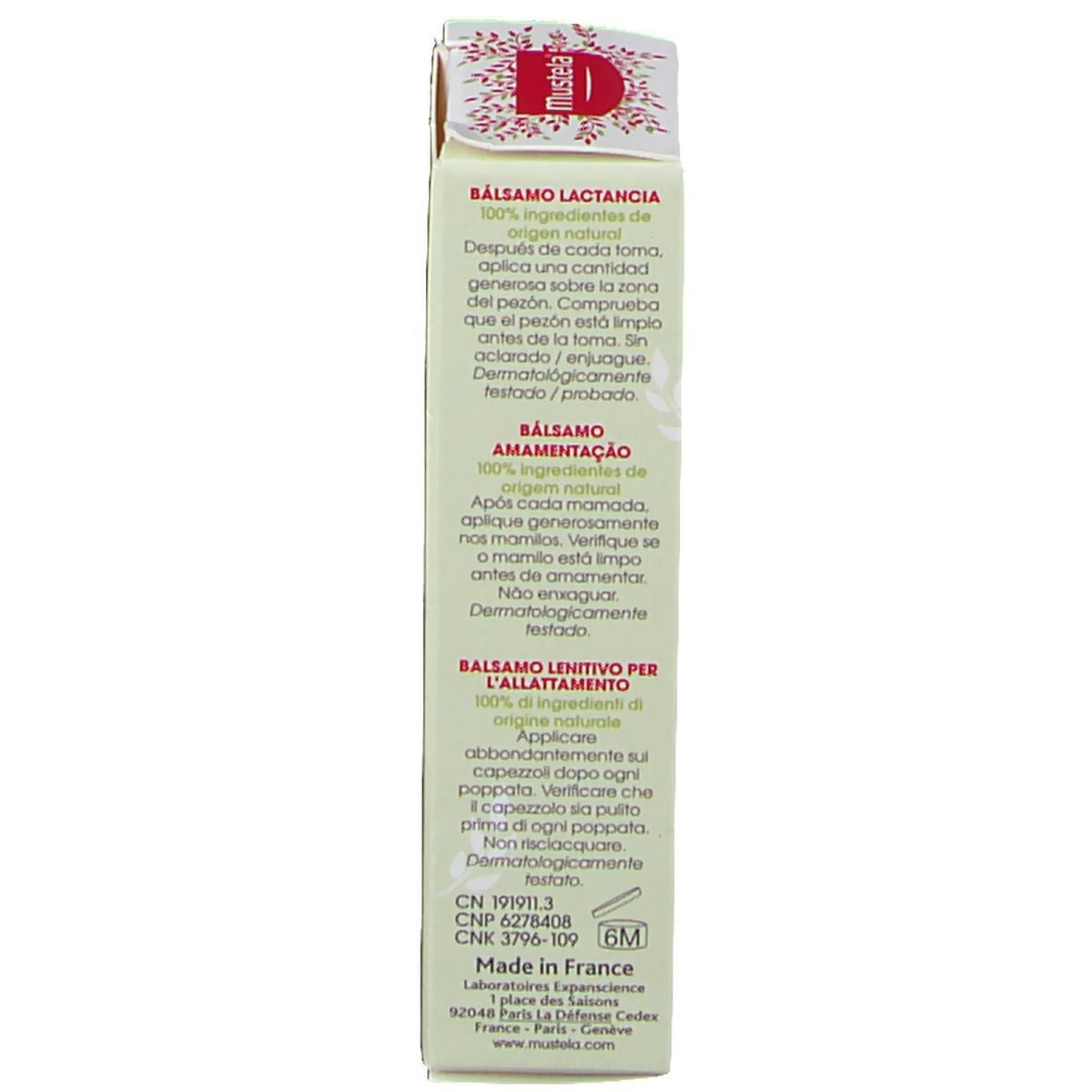 Côté de l'emballage Mustela® Bio-Pflege-Balsam. Texte multilingue. Inscription: Balsamo Lactancia, Balsamo Amamentação.