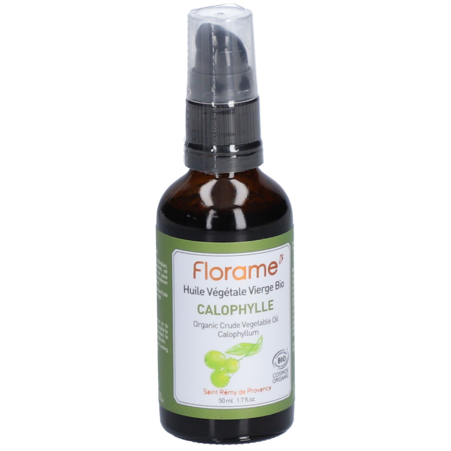 Braune Glasflasche mit Pumpe. Etikett mit "Florame", "Calophylle" und Bio-Siegel. Enthält Pflanzenöl.