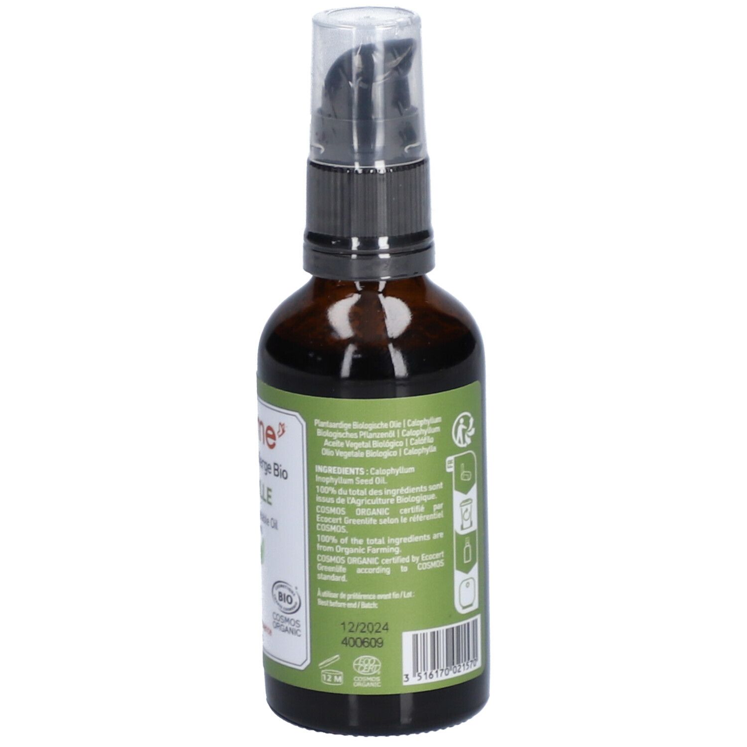 Braune Glasflasche mit Pumpe. Rückseite mit Inhaltsstoffen und Bio-Siegel. "Florame" und Haltbarkeitsdatum.