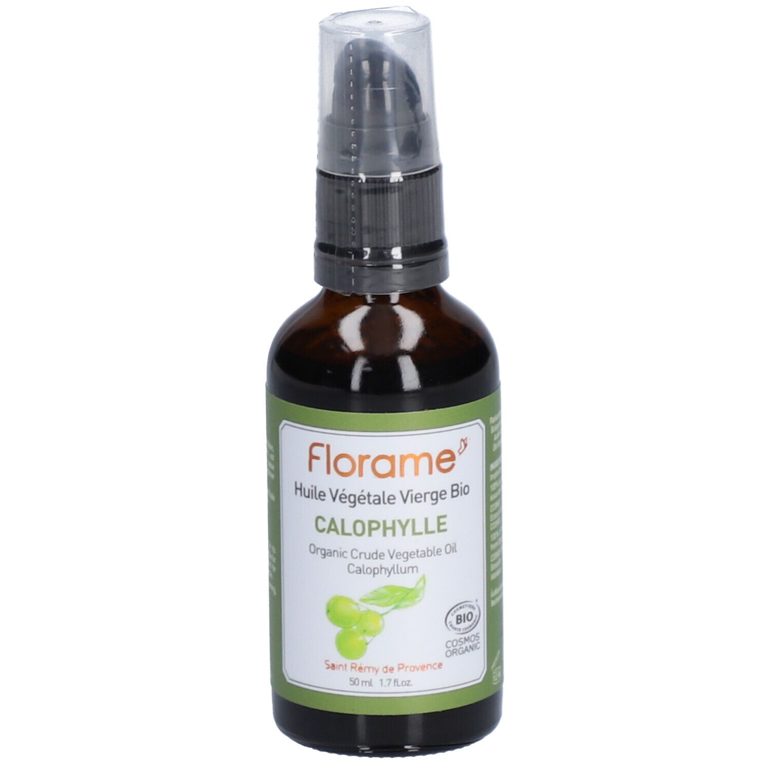 Braune Glasflasche mit Pumpe. Etikett mit "Florame", "Calophylle" und Bio-Siegel. Enthält Pflanzenöl.