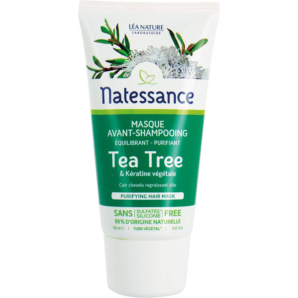 Tube mit grün-weißem Etikett. Aufschrift: Natessance, Tea Tree, Maske. Pflanzenabbildung.